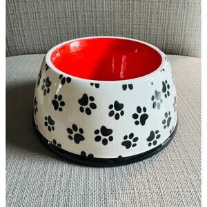 Dog Pet Bowl Dish Water Food Ceramic Paw Prints Red, White, Black Sz Small